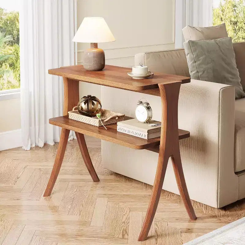 Lantine 2-Tier Narrow Side Table, End Table with Storage Shelf and Solid Wood Legs, for Bedroom, Small Spaces, Entryway