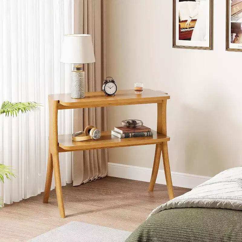 Lantine 2-Tier Narrow Side Table, End Table with Storage Shelf and Solid Wood Legs, for Bedroom, Small Spaces, Entryway