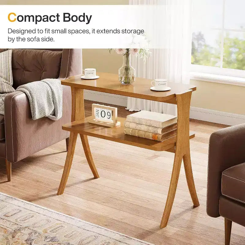 Lantine 2-Tier Narrow Side Table, End Table with Storage Shelf and Solid Wood Legs, for Bedroom, Small Spaces, Entryway