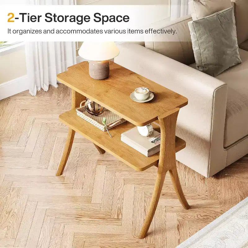 Lantine 2-Tier Narrow Side Table, End Table with Storage Shelf and Solid Wood Legs, for Bedroom, Small Spaces, Entryway