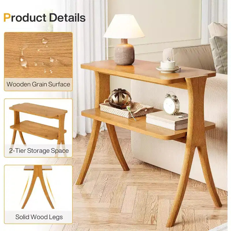 Lantine 2-Tier Narrow Side Table, End Table with Storage Shelf and Solid Wood Legs, for Bedroom, Small Spaces, Entryway
