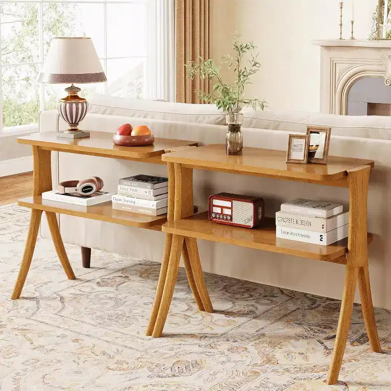 Lantine 2-Tier Narrow Side Table, End Table with Storage Shelf and Solid Wood Legs, for Bedroom, Small Spaces, Entryway