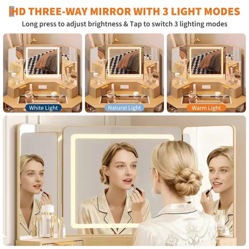 COZONY Coiffeuse d'angle 48 avec miroir triple HD éclairé, plateau en verre, station de charge