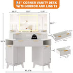 COZONY Coiffeuse d'angle 48 avec miroir triple HD éclairé, plateau en verre, station de charge