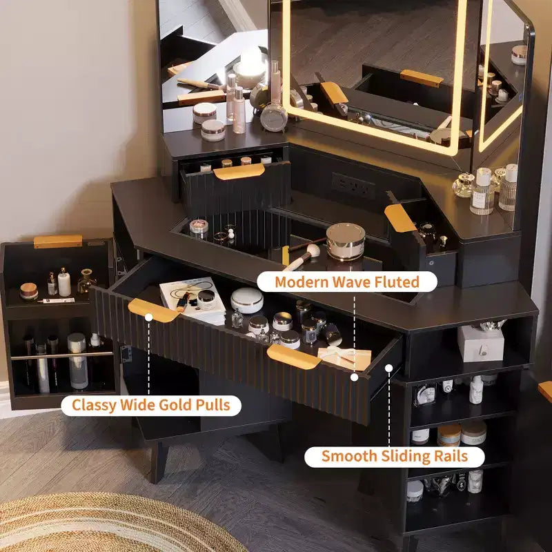 COZONY Coiffeuse d'angle 48 avec miroir triple HD éclairé, plateau en verre, station de charge