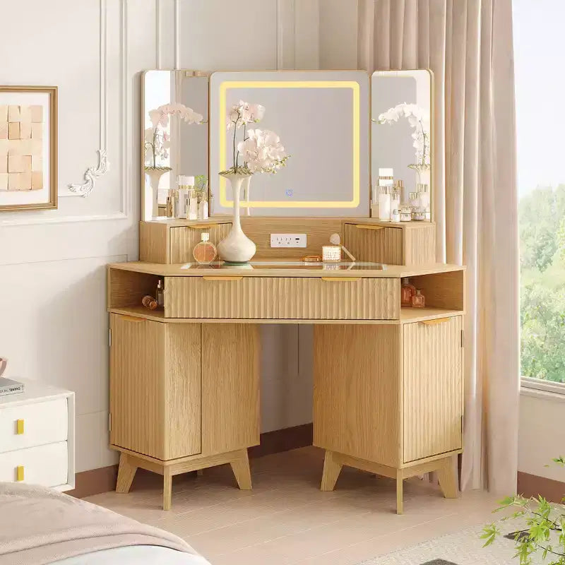 COZONY Coiffeuse d'angle 48 avec miroir triple HD éclairé, plateau en verre, station de charge
