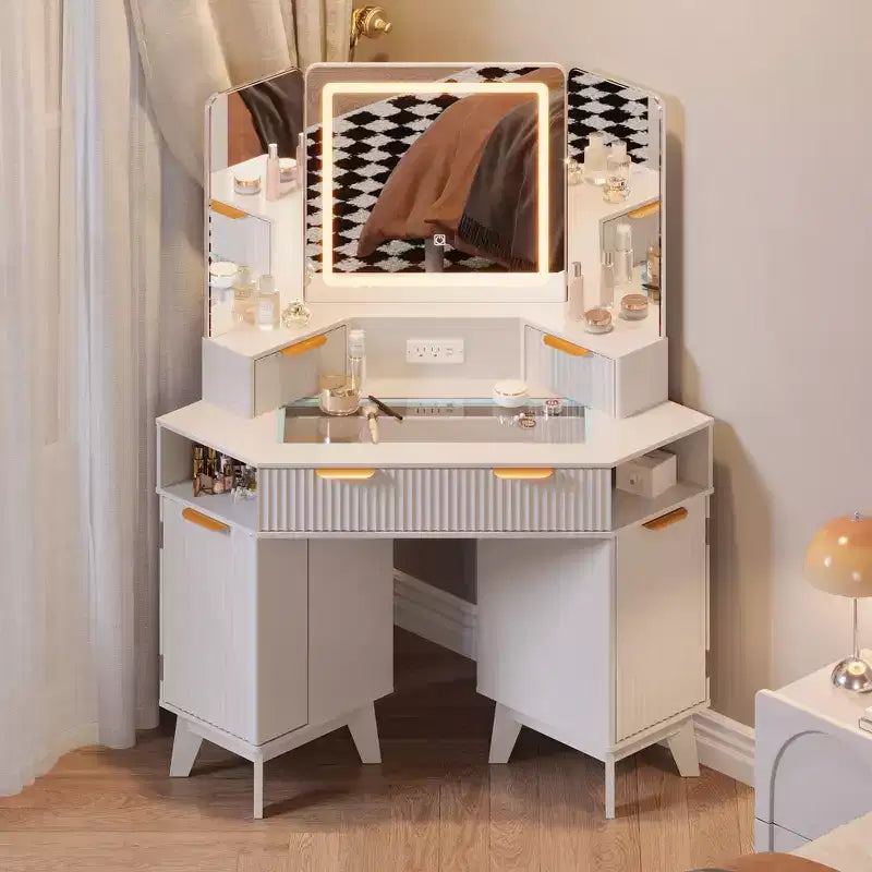 COZONY Coiffeuse d'angle 48 avec miroir triple HD éclairé, plateau en verre, station de charge