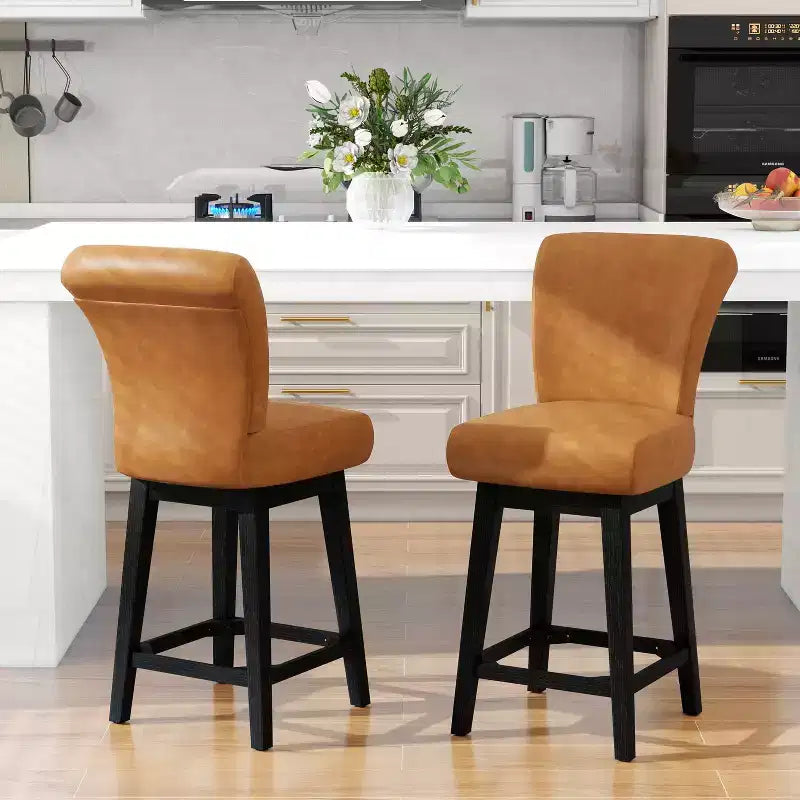Dyonery Solid Wood Swivel Counter Upholstered Bar Stool 26.8 Height Set of 2 Barstools with Back & Arms for Kitchen Island,Home Bar