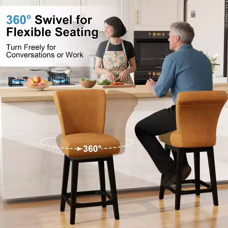 Dyonery Solid Wood Swivel Counter Upholstered Bar Stool 26.8 Height Set of 2 Barstools with Back & Arms for Kitchen Island,Home Bar