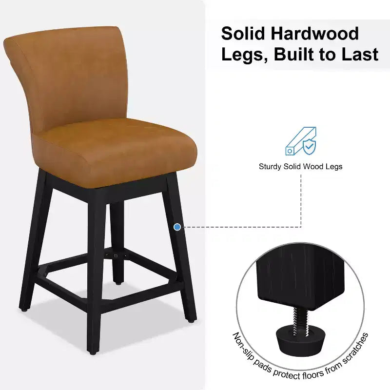 Dyonery Solid Wood Swivel Counter Upholstered Bar Stool 26.8 Height Set of 2 Barstools with Back & Arms for Kitchen Island,Home Bar