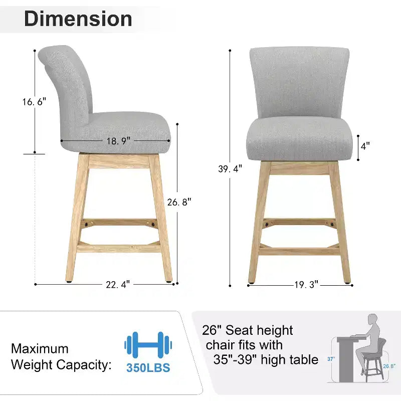 Dyonery Solid Wood Swivel Counter Upholstered Bar Stool 26.8 Height Set of 2 Barstools with Back & Arms for Kitchen Island,Home Bar