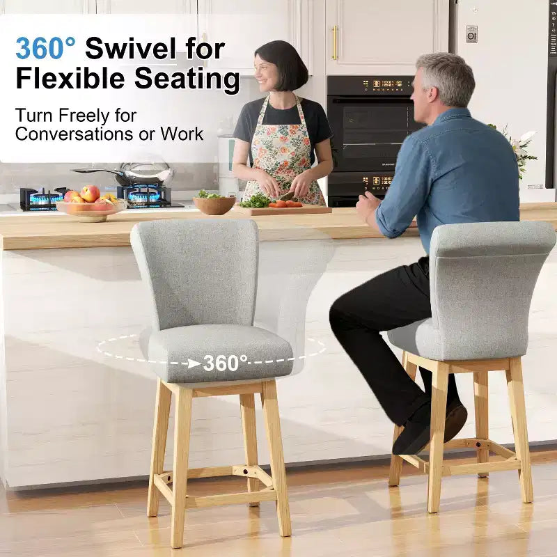 Dyonery Solid Wood Swivel Counter Upholstered Bar Stool 26.8 Height Set of 2 Barstools with Back & Arms for Kitchen Island,Home Bar