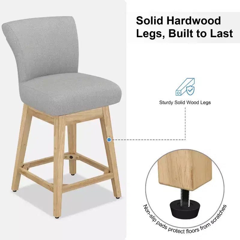 Dyonery Solid Wood Swivel Counter Upholstered Bar Stool 26.8 Height Set of 2 Barstools with Back & Arms for Kitchen Island,Home Bar