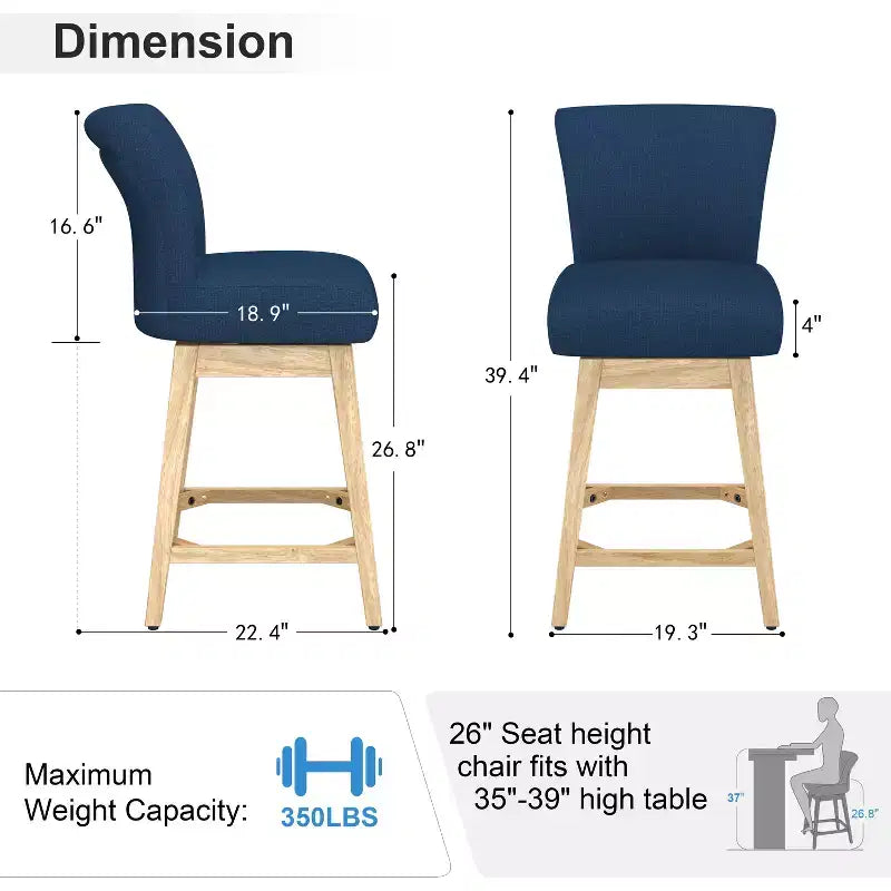 Dyonery Solid Wood Swivel Counter Upholstered Bar Stool 26.8 Height Set of 2 Barstools with Back & Arms for Kitchen Island,Home Bar