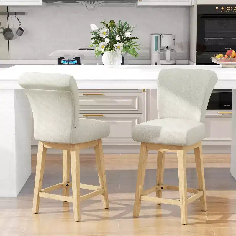 Dyonery Solid Wood Swivel Counter Upholstered Bar Stool 26.8 Height Set of 2 Barstools with Back & Arms for Kitchen Island,Home Bar