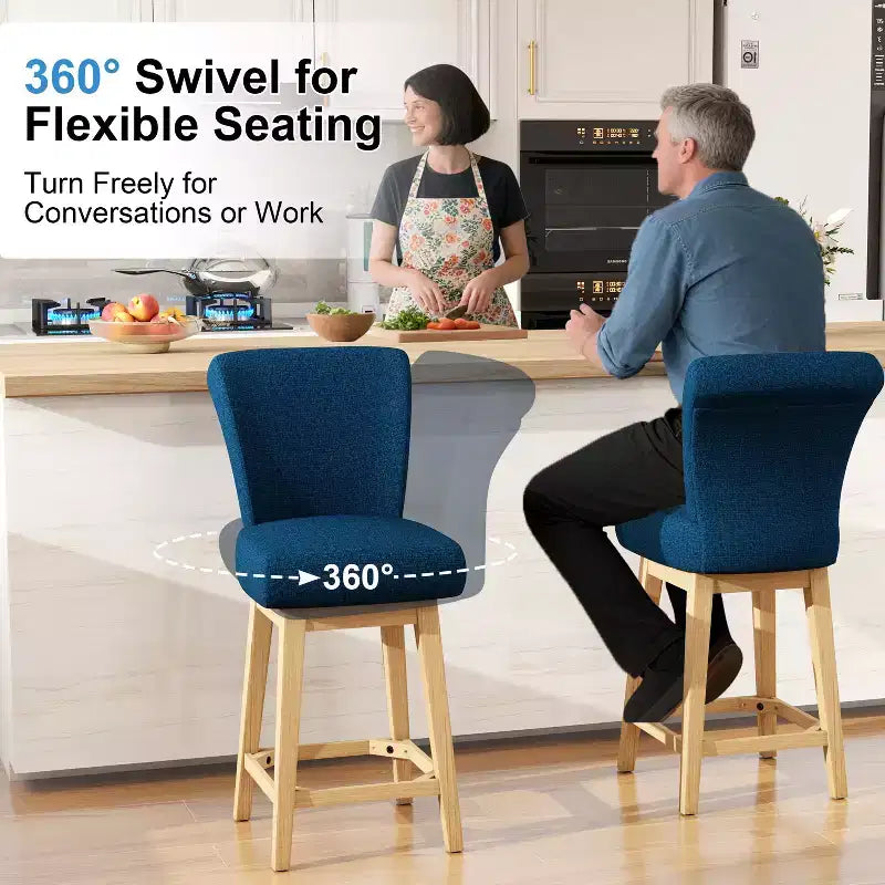Dyonery Solid Wood Swivel Counter Upholstered Bar Stool 26.8 Height Set of 2 Barstools with Back & Arms for Kitchen Island,Home Bar