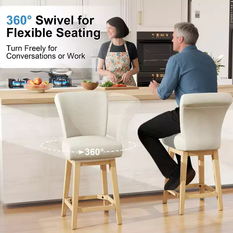 Dyonery Solid Wood Swivel Counter Upholstered Bar Stool 26.8 Height Set of 2 Barstools with Back & Arms for Kitchen Island,Home Bar