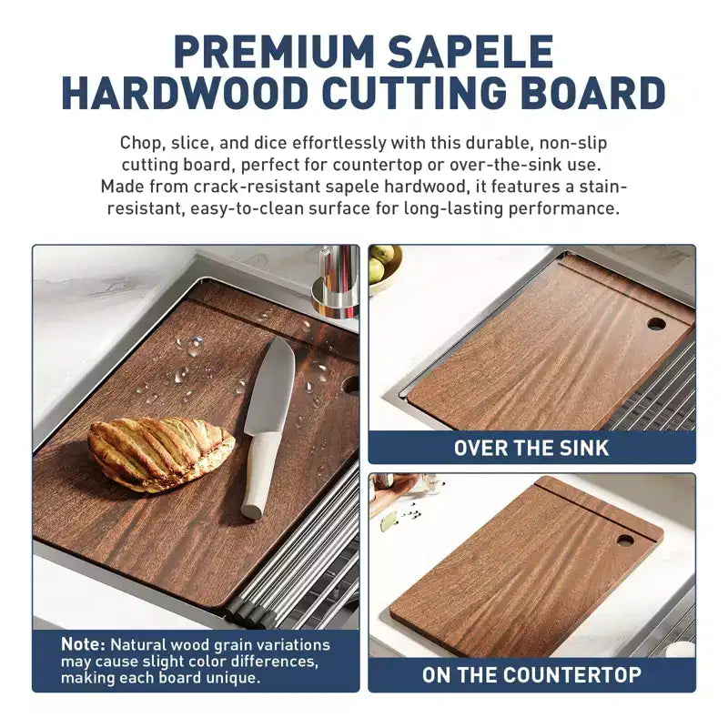 Évier de cuisine à encastrer, 32x19 po, en acier inoxydable- Évier simple, moderne, à montage par le haut, calibre 16, avec planche à découper