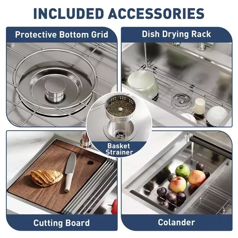 Évier de cuisine à encastrer, 32x19 po, en acier inoxydable- Évier simple, moderne, à montage par le haut, calibre 16, avec planche à découper