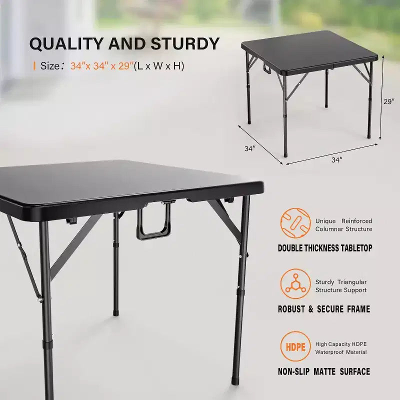 VINGLI Table carrée pliante 34", table commerciale pliante, table à manger portable en plastique pour la cuisine ou l'extérieur, noire
