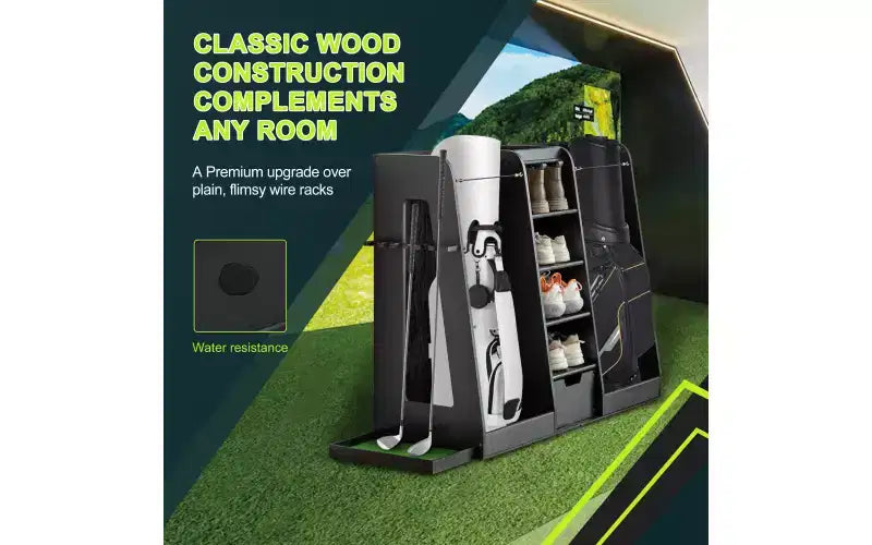 Zevemomo 55,5x16x37 Organisateur de sacs de golf en bois avec 2 tiroirs, support de rangement de golf et porte-club latéral, support pour garage à domicile, noir