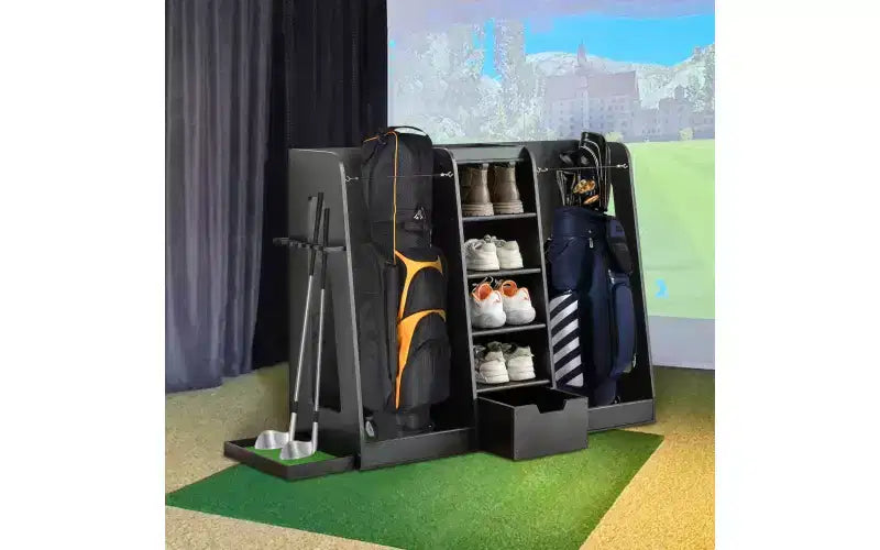Zevemomo 55,5x16x37 Organisateur de sacs de golf en bois avec 2 tiroirs, support de rangement de golf et porte-club latéral, support pour garage à domicile, noir