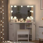 COZONY Corner Vanity Set with Lighted Mirror & Outlets, Drawers & Shelves, Makeup Table w/ Upholstered Stool