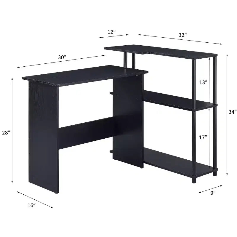 Bureau d'ordinateur moderne Okak avec 3 étagères, bureau de travail avec grand plateau, bureau debout pour bureau, salle de lecture, chambre à coucher