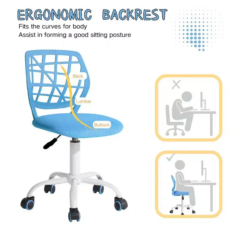 FurnitureR Desk Chair, Adjustable Computer Task Chair Office Chairs with Plastic Backrest and Padded Seat Cushion, Swivel Chair with Wheels, Blue