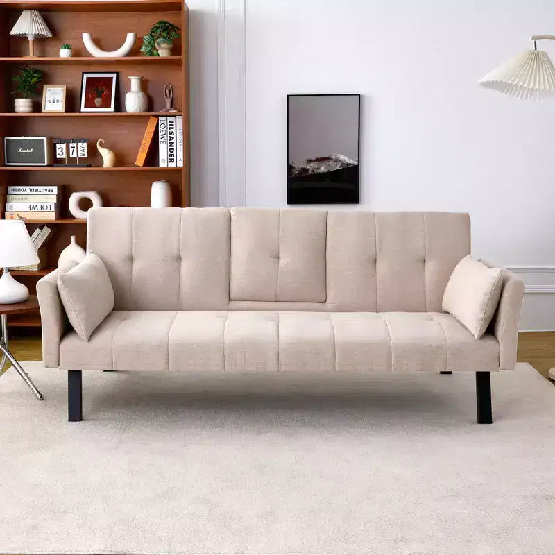 MAYEERTY 70 Inch Multifunctional Cotton Sofa Bed with Cup Holder Side Storage for Living Room Bedroom Beige