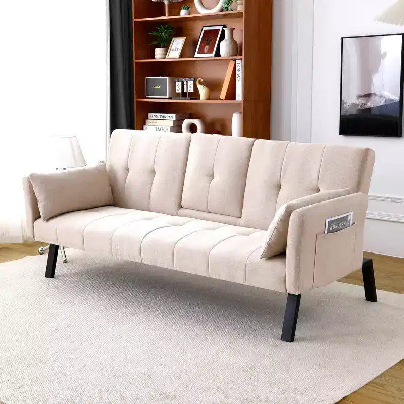 MAYEERTY Canapé-Lit Multifonctionnel en Coton de 70 Pouces avec Porte-Gobelets et Rangement Latéral pour Salon Chambre Beige