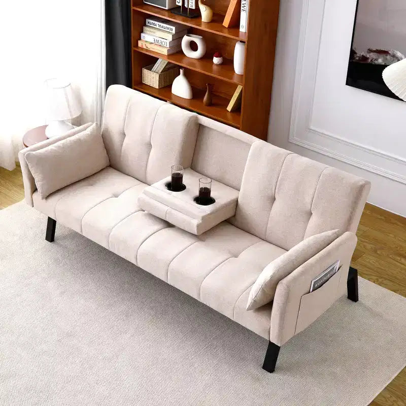 MAYEERTY Canapé-Lit Multifonctionnel en Coton de 70 Pouces avec Porte-Gobelets et Rangement Latéral pour Salon Chambre Beige