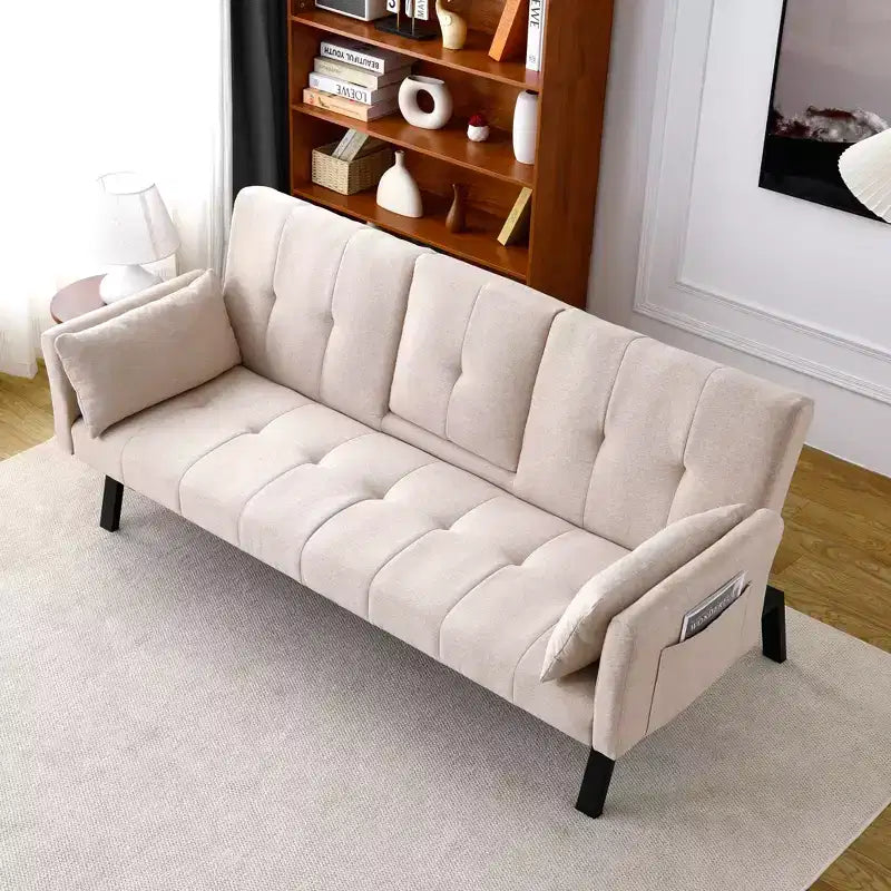 MAYEERTY Canapé-Lit Multifonctionnel en Coton de 70 Pouces avec Porte-Gobelets et Rangement Latéral pour Salon Chambre Beige