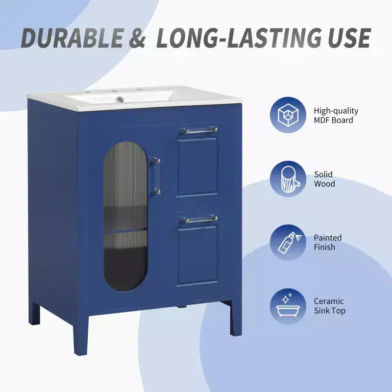 Meuble lavabo de salle de bain avec vasque intégrée, Armoire de rangement de salle de bain avec tiroirs et porte, Meuble lavabo autoportant à vasque unique pour appartement