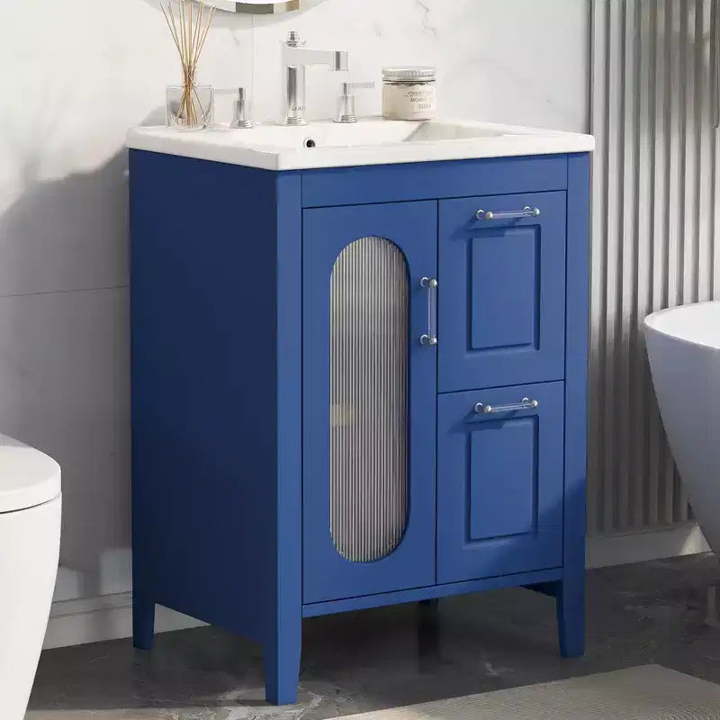 Meuble lavabo de salle de bain avec vasque intégrée, Armoire de rangement de salle de bain avec tiroirs et porte, Meuble lavabo autoportant à vasque unique pour appartement