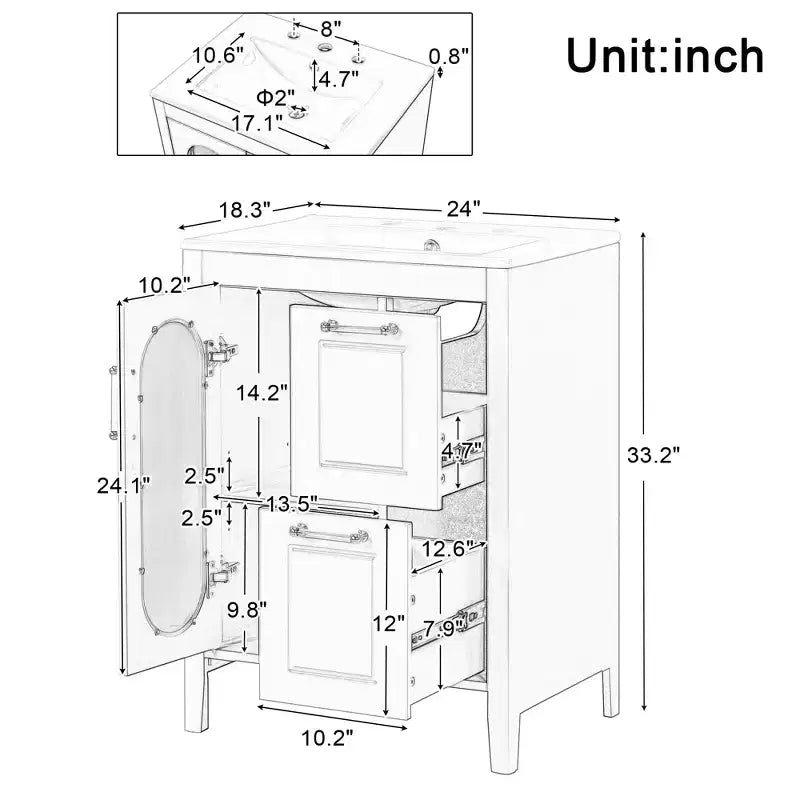 Meuble lavabo de salle de bain avec vasque intégrée, Armoire de rangement de salle de bain avec tiroirs et porte, Meuble lavabo autoportant à vasque unique pour appartement