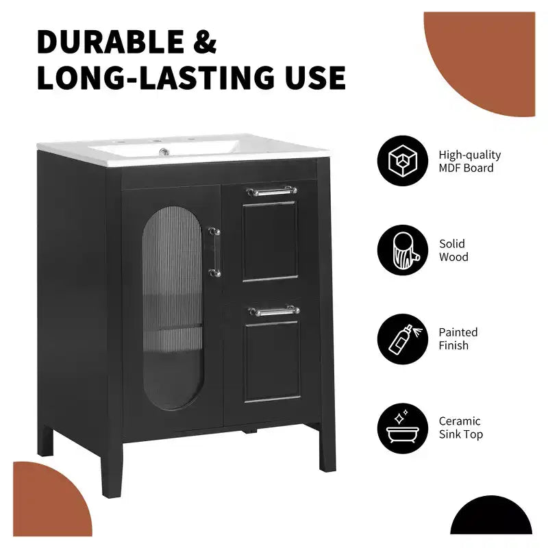 Meuble lavabo de salle de bain avec vasque intégrée, Armoire de rangement de salle de bain avec tiroirs et porte, Meuble lavabo autoportant à vasque unique pour appartement