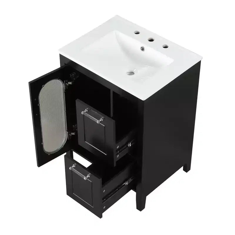 Meuble lavabo de salle de bain avec vasque intégrée, Armoire de rangement de salle de bain avec tiroirs et porte, Meuble lavabo autoportant à vasque unique pour appartement
