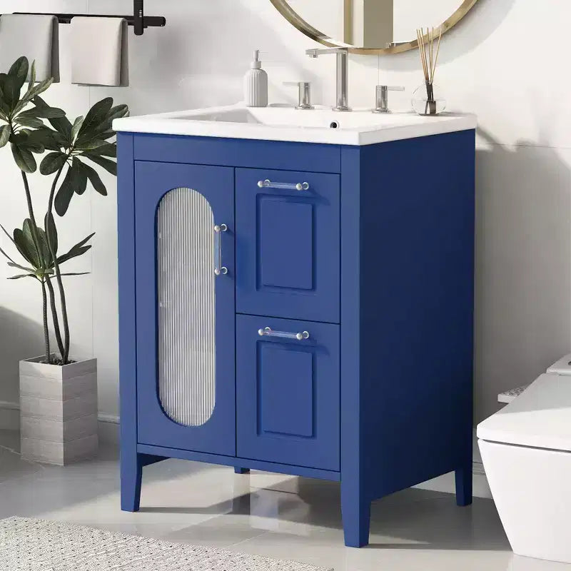 Meuble lavabo de salle de bain avec vasque intégrée, Armoire de rangement de salle de bain avec tiroirs et porte, Meuble lavabo autoportant à vasque unique pour appartement