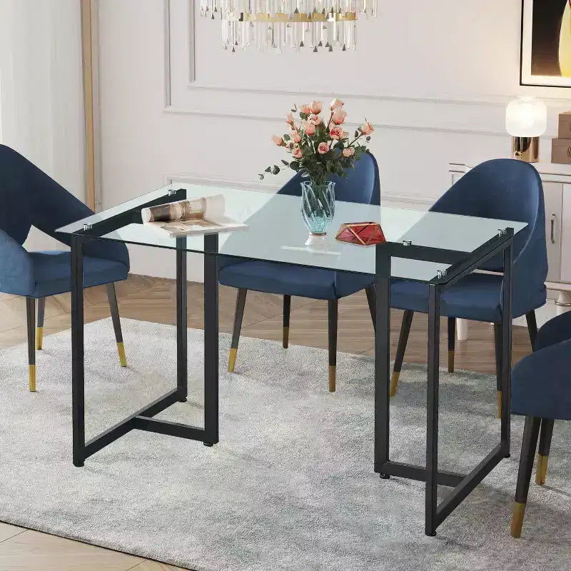 FurnitureR 55.1-Inch Glass Dining Table, Modern Rectangular Kitchen Table with Sturdy Metal Frame, Ideal for Dining Room or Home Office, Black