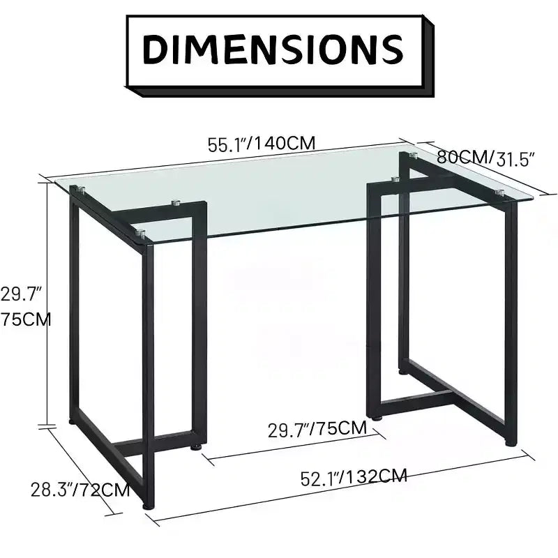 FurnitureR 55.1-Inch Glass Dining Table, Modern Rectangular Kitchen Table with Sturdy Metal Frame, Ideal for Dining Room or Home Office, Black