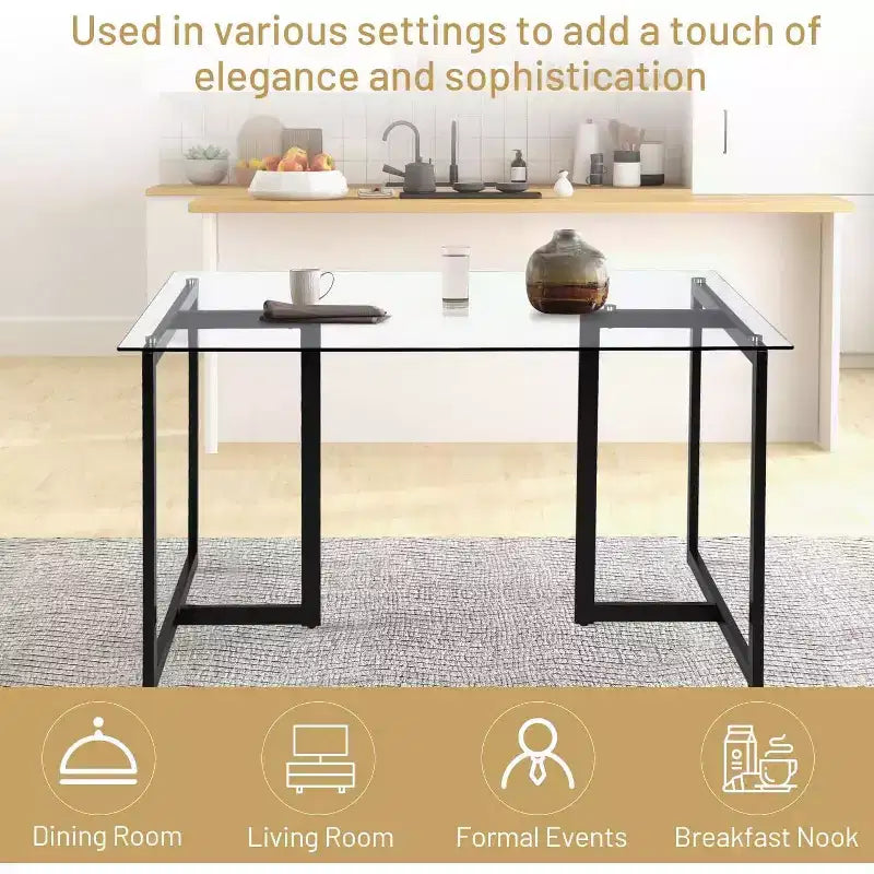 FurnitureR 55.1-Inch Glass Dining Table, Modern Rectangular Kitchen Table with Sturdy Metal Frame, Ideal for Dining Room or Home Office, Black