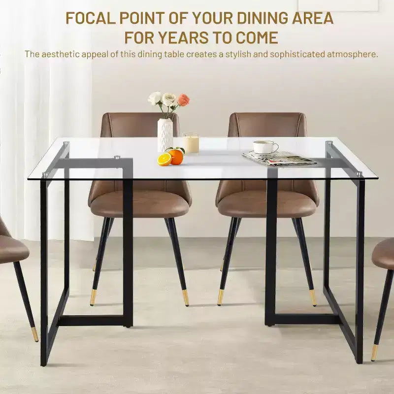 FurnitureR 55.1-Inch Glass Dining Table, Modern Rectangular Kitchen Table with Sturdy Metal Frame, Ideal for Dining Room or Home Office, Black