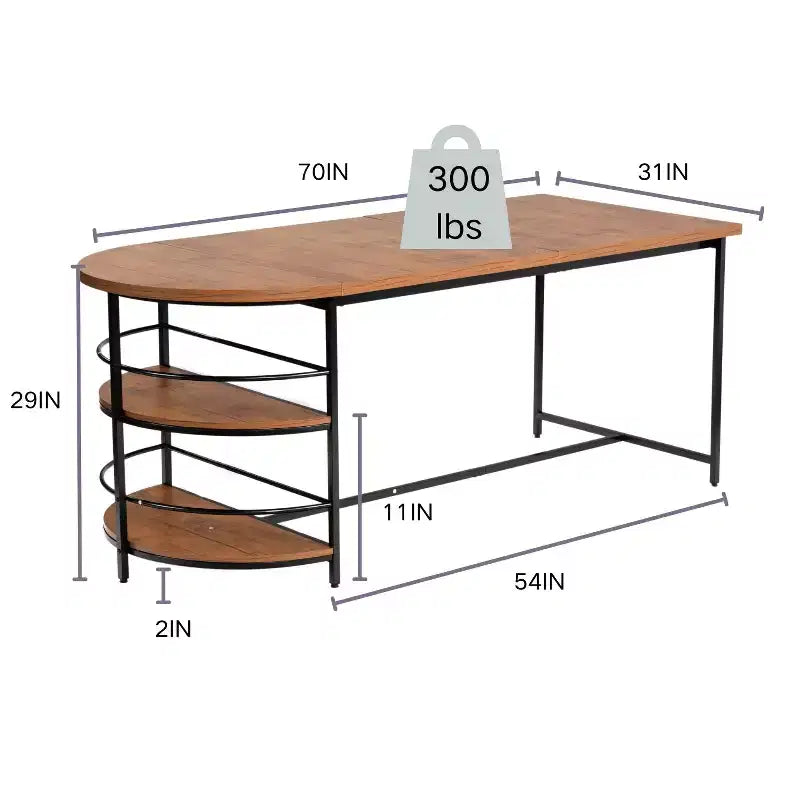 FurnitureR Dining Table 3-Tiers Wooden with 2 Storage Shelf for Dining Room Kitchen, Sturdy Black Metal Frame, Rectangular, Brown