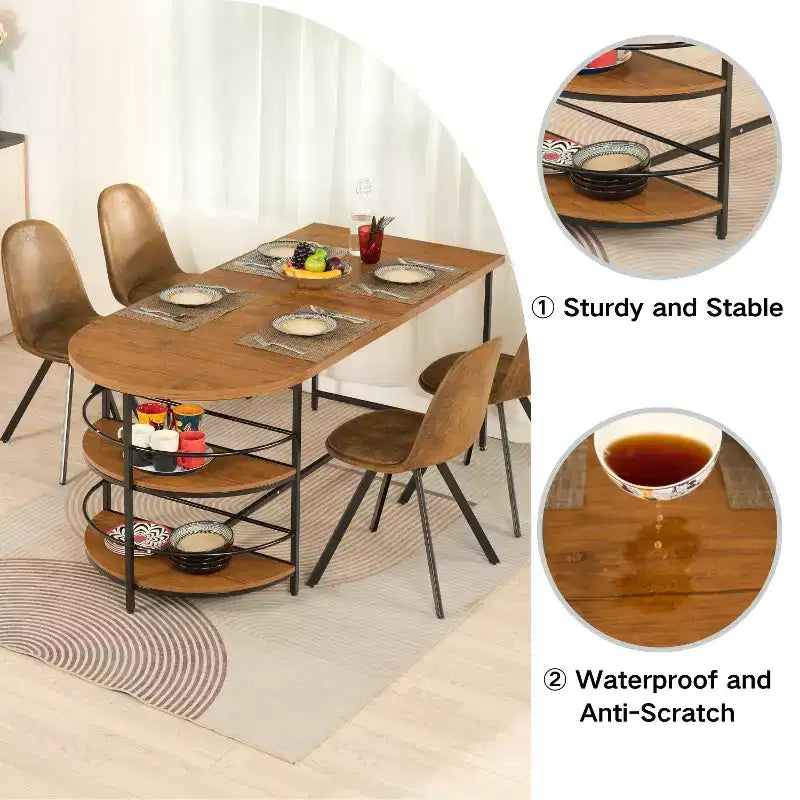 FurnitureR Dining Table 3-Tiers Wooden with 2 Storage Shelf for Dining Room Kitchen, Sturdy Black Metal Frame, Rectangular, Brown