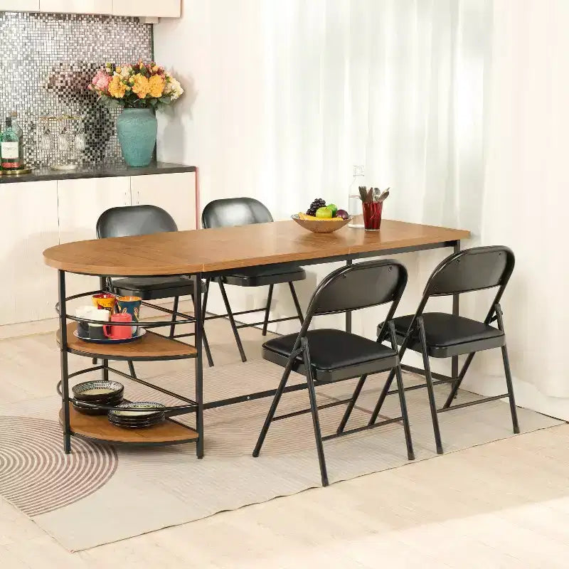 FurnitureR Dining Table 3-Tiers Wooden with 2 Storage Shelf for Dining Room Kitchen, Sturdy Black Metal Frame, Rectangular, Brown