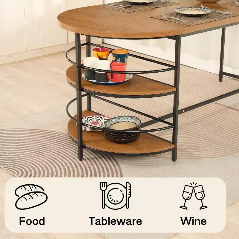 FurnitureR Dining Table 3-Tiers Wooden with 2 Storage Shelf for Dining Room Kitchen, Sturdy Black Metal Frame, Rectangular, Brown