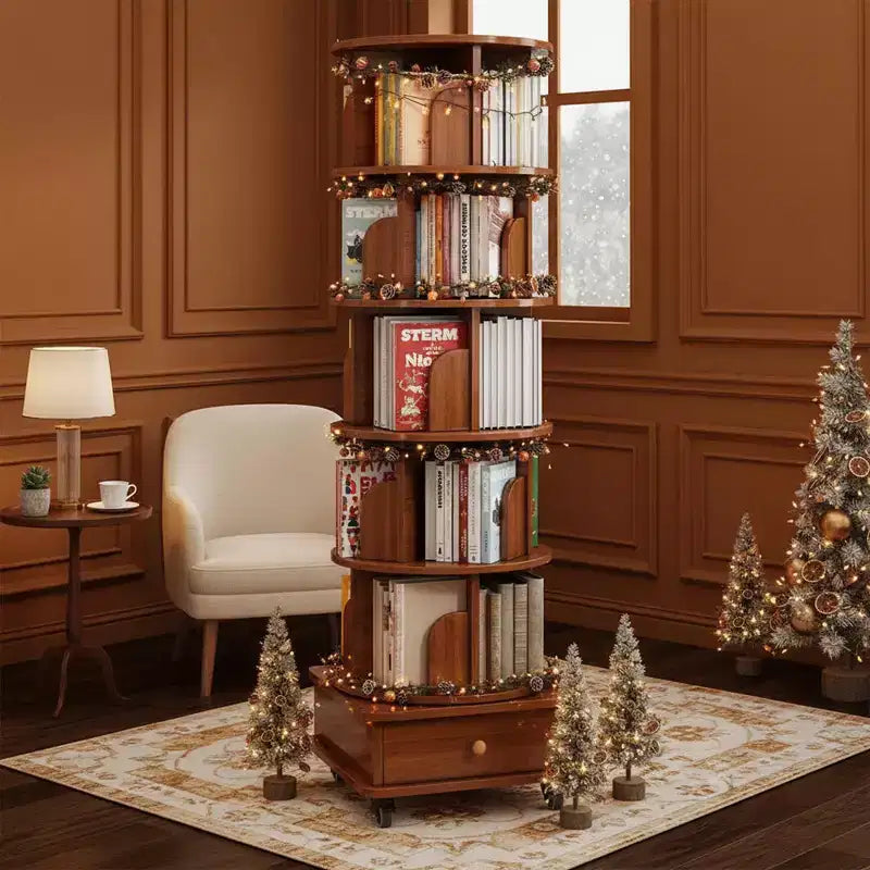 Homy Casa Rotating Bookshelf with Bottom Storage & Lockable Wheels, Walnut