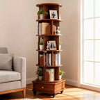 Étagère à livres rotative Homy Casa avec rangement inférieur et roulettes verrouillables, Noyer