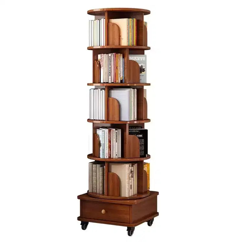 Étagère à livres rotative Homy Casa avec rangement inférieur et roulettes verrouillables, Noyer